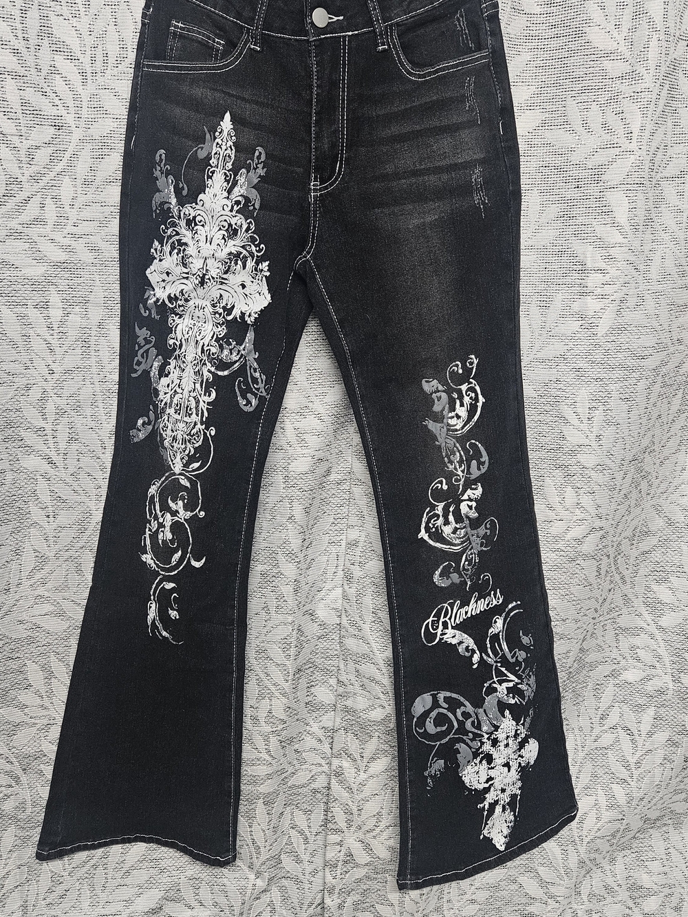 ROMWE Black Jeans with White Ornate Cross Print